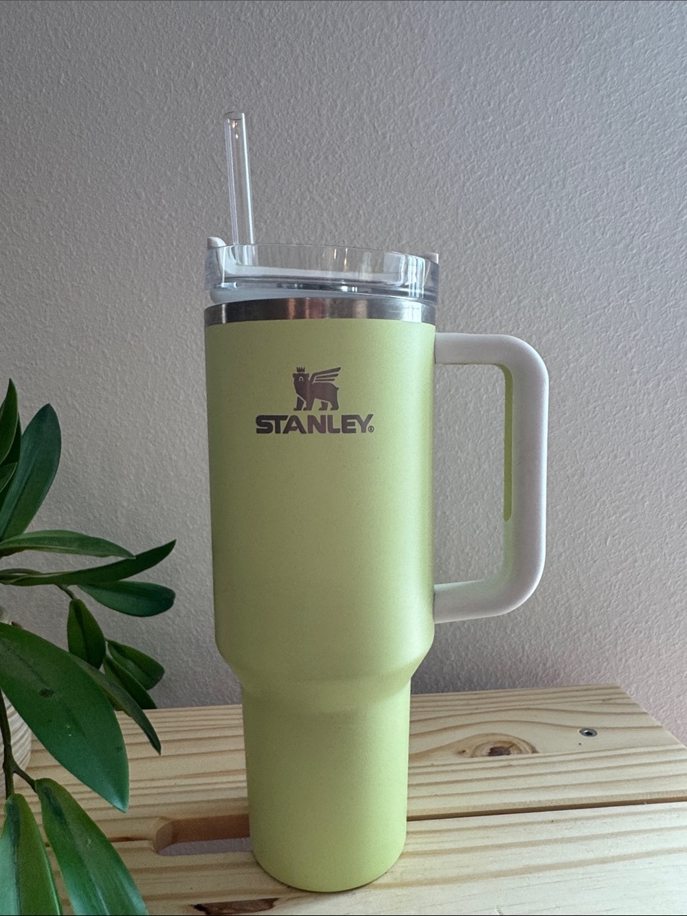 Stanley Light Green Travel Tumbler with White Handle